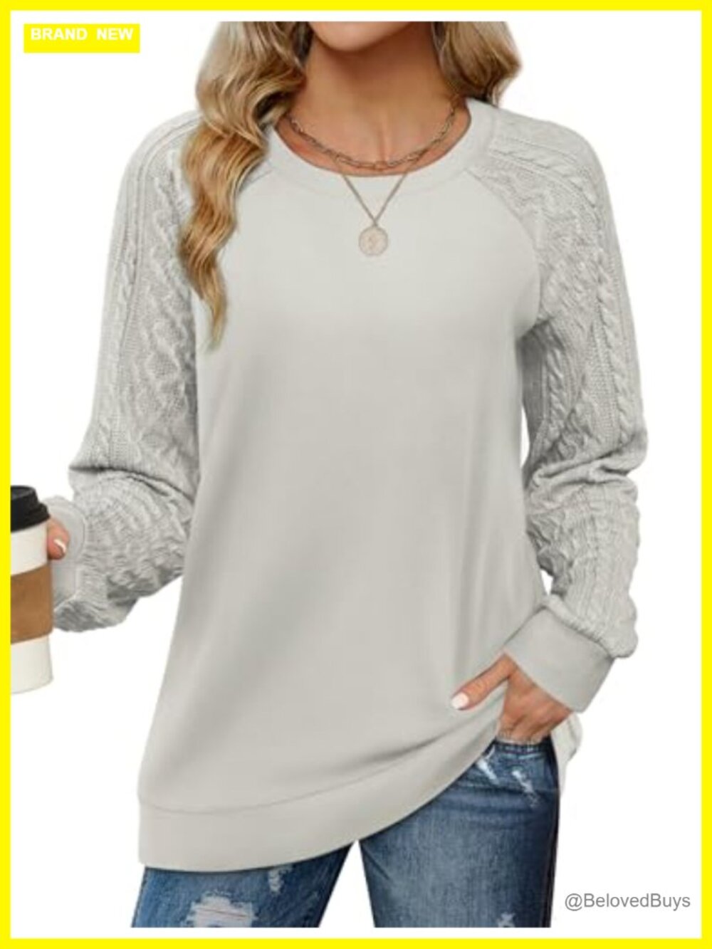 Cable Knit Sleeve Crewneck Sweatshirt Tunic Lightweight Loose Fit Long Sleeve